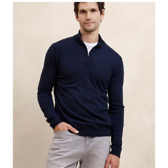 Banana Republic BR Men’s NEW WITH FLAWS Deep Navy Merino Wool Quarter Zip Sweate - Picture 1 of 10